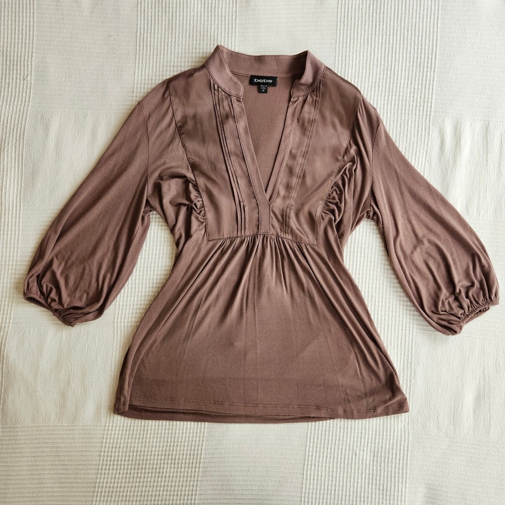 Vintage Bebe Y2K 2000s Brown Beige V-Neck Empire Waist Tunic Top Pleated Women M